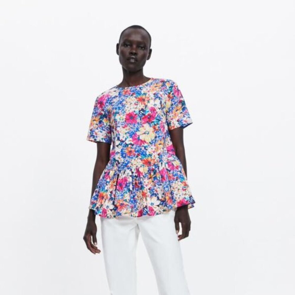 Zara Floral Peplum String-Tie Blouse Top (NWT)